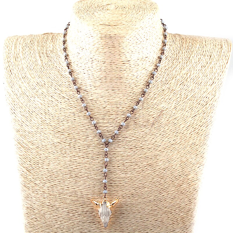 Bohemian Mini Grey crystal Rosary Chain Cute Horn OX Charm Women Ethnic Choker Simple Lady Necklace