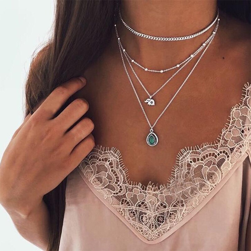 Boho Long Charm Necklace Women Multilayer Sequins Baby Elephant Stone Moon Pendant Collarbone Necklace Female Jewelry