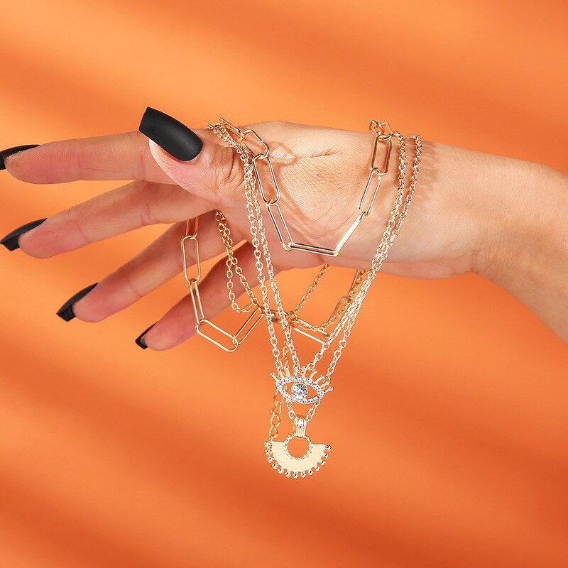 Boho Necklaces Pendant Vintage Charm Necklace Evil Eye Geometry Hanging Pendant Multilayer Collarbone Chain Jewlery Gift