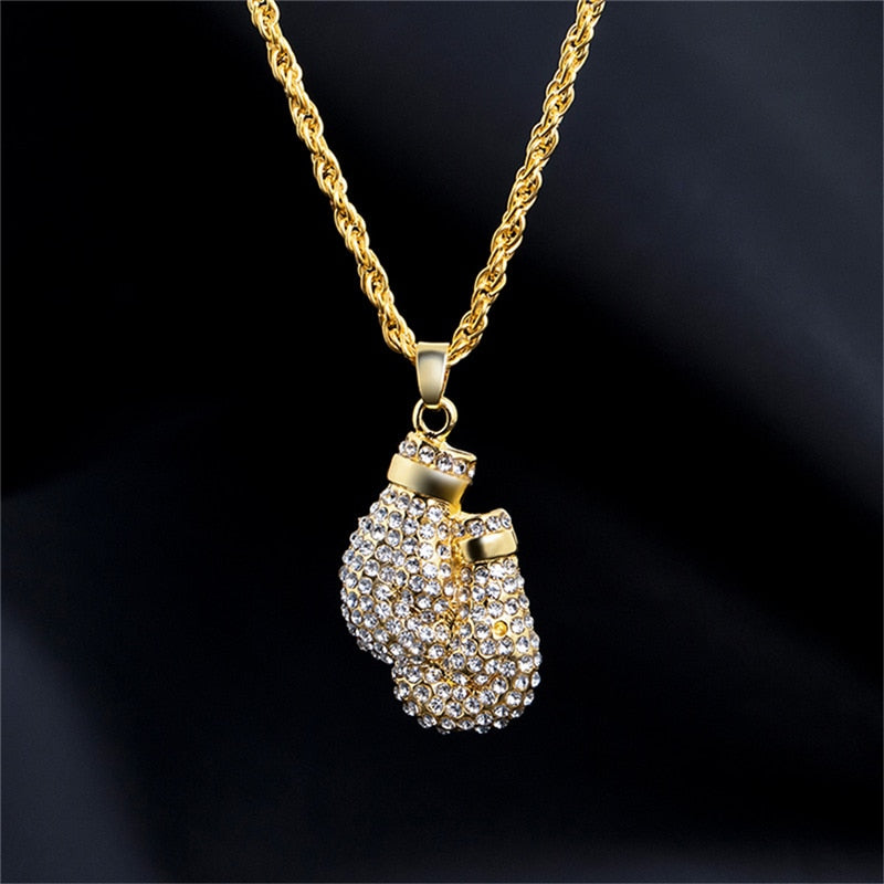 Boxing Gloves Pendant Necklace 24&quot;Long Chain Gold Color Iced Cubic Zircon Alloy Necklace Pendant For Unisex Hip Hop Gift