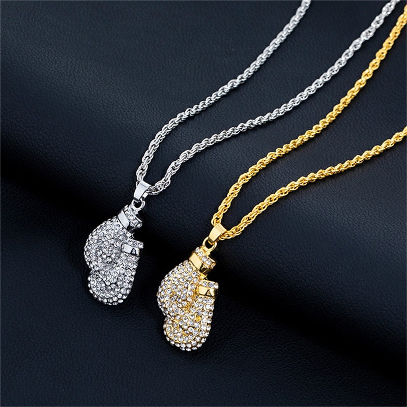 Boxing Gloves Pendant Necklace 24&quot;Long Chain Gold Color Iced Cubic Zircon Alloy Necklace Pendant For Unisex Hip Hop Gift
