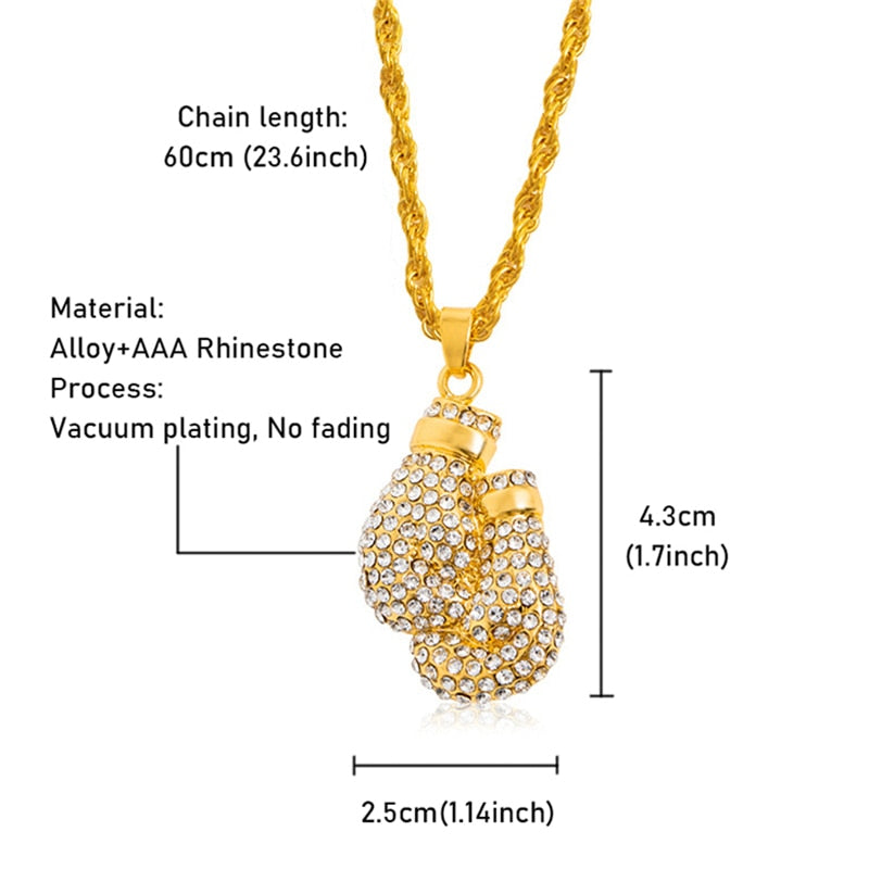 Boxing Gloves Pendant Necklace 24&quot;Long Chain Gold Color Iced Cubic Zircon Alloy Necklace Pendant For Unisex Hip Hop Gift