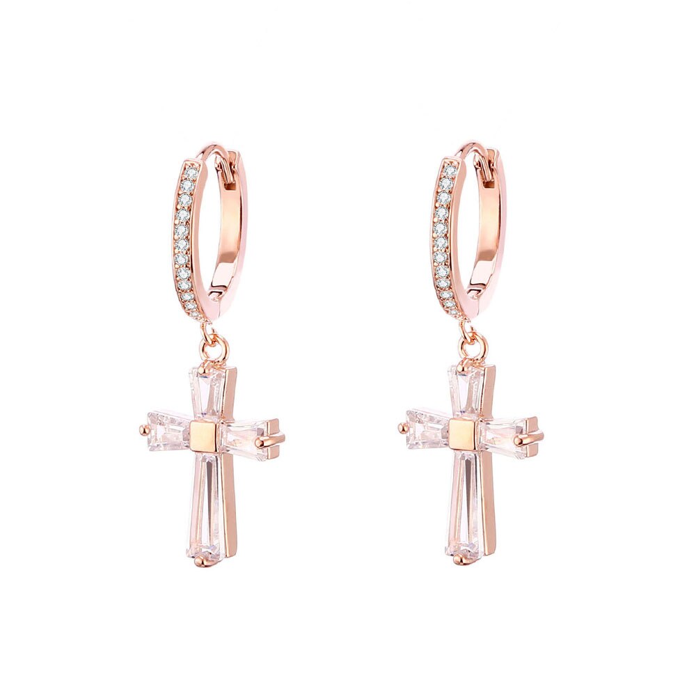 CZ Cross Drop Earrings with Crystal Hoop Mid Long Bridal Zirconia Cross Pendant Earrings For Women Punk Jewelries Gifts