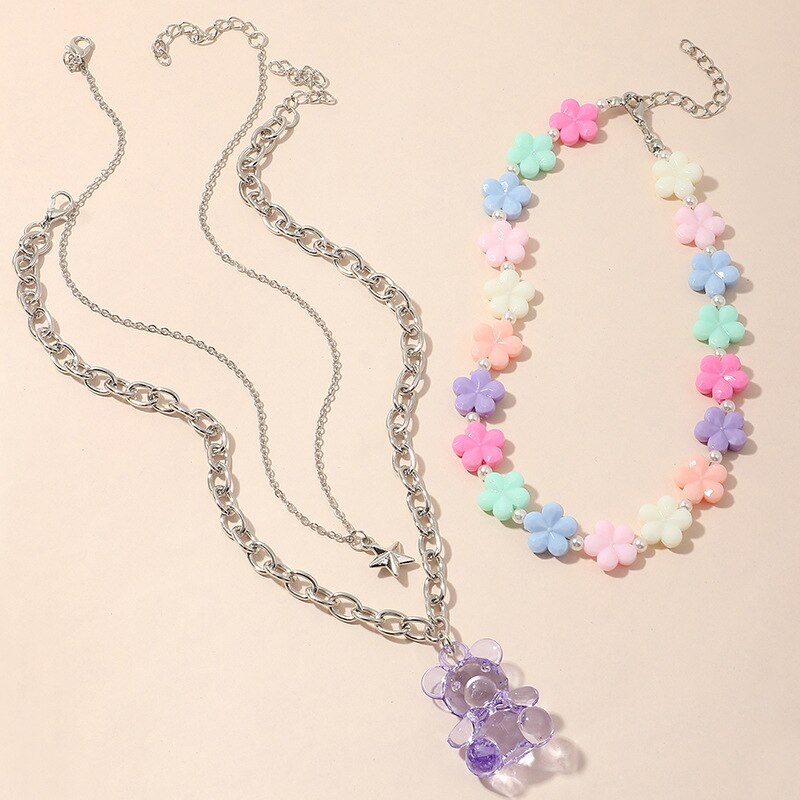 Candy Color Acrylic Stars Flowers Charms Pendant Pearls Bear Cute Pendant Necklace Jewelry for Women Girls Birthday Gift