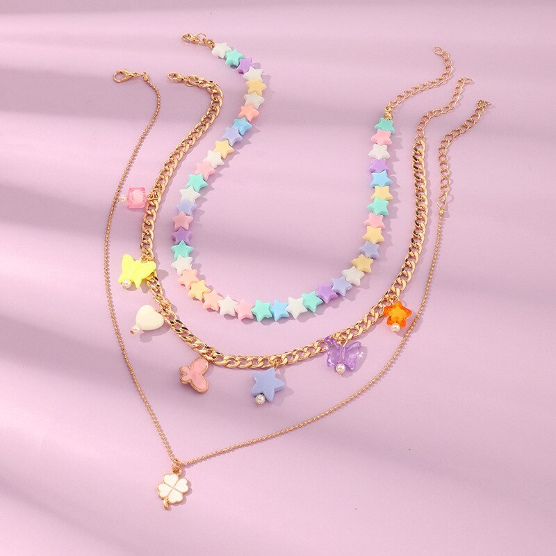 Candy Color Acrylic Stars Flowers Charms Pendant Pearls Bear Cute Pendant Necklace Jewelry for Women Girls Birthday Gift