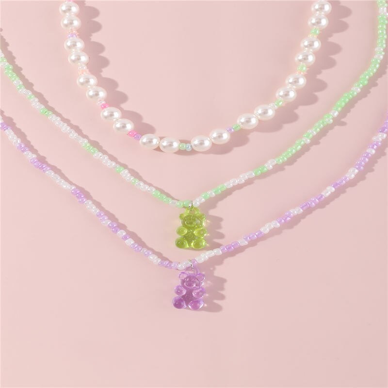 Candy Color Acrylic Stars Flowers Charms Pendant Pearls Bear Cute Pendant Necklace Jewelry for Women Girls Birthday Gift