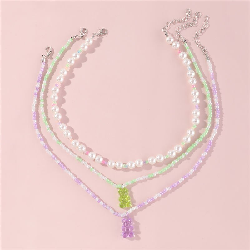 Candy Color Acrylic Stars Flowers Charms Pendant Pearls Bear Cute Pendant Necklace Jewelry for Women Girls Birthday Gift