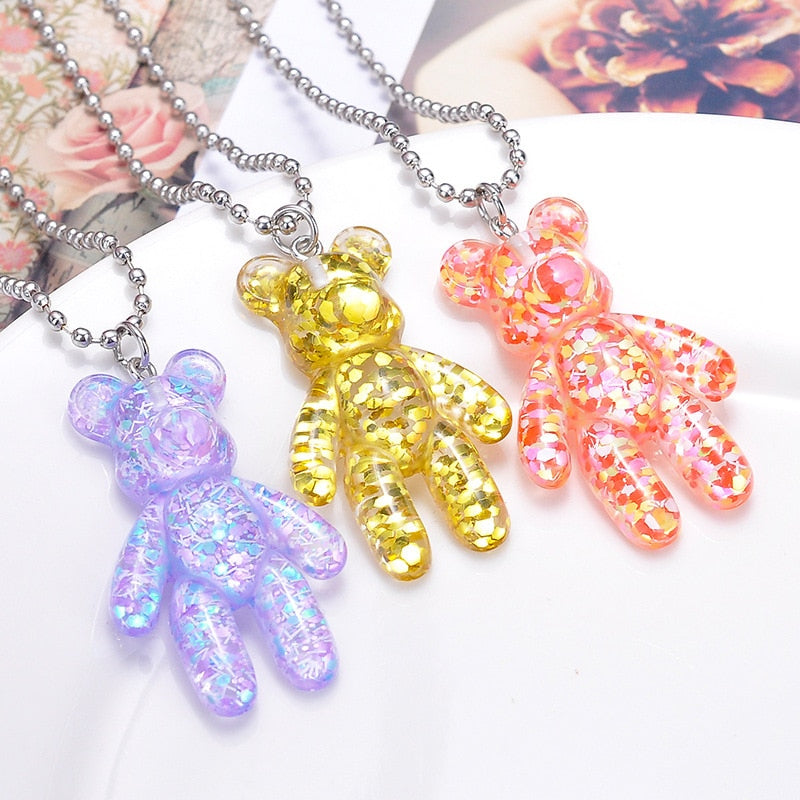 Cartoon Multicolor Transparent Jelly Resin Bear Necklace Girl Cute Necklace Jewelry Party Fun Suitable Gift