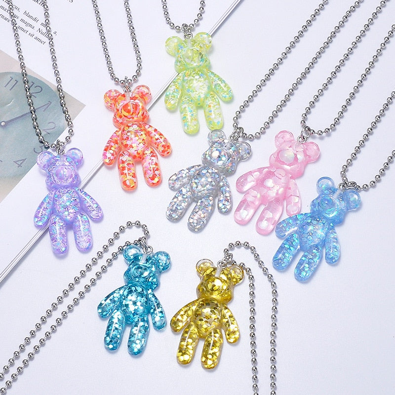 Cartoon Multicolor Transparent Jelly Resin Bear Necklace Girl Cute Necklace Jewelry Party Fun Suitable Gift