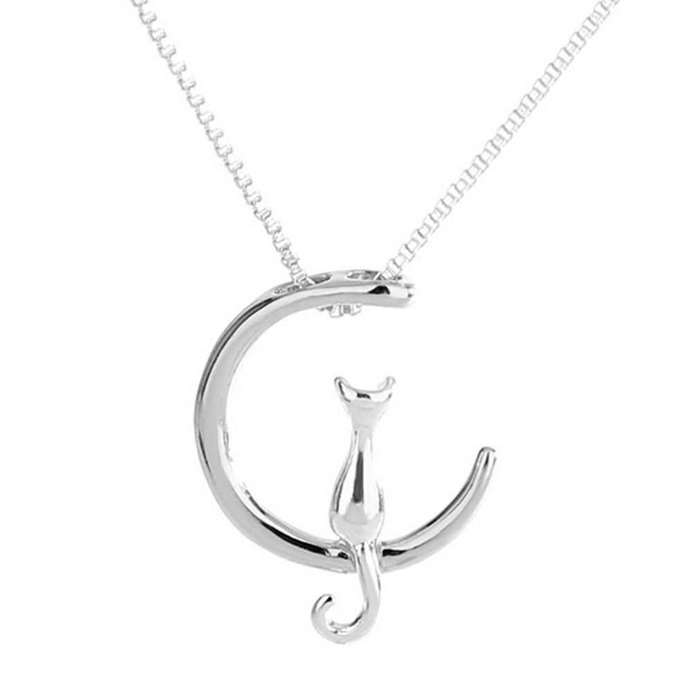 Fashion Cat Moon Pendant Necklace Charm Silver Gold Color Link Chain Necklace For Pet Lucky Jewelry For Women Gift