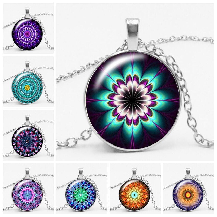 Charm Color Ethnic Wind Kaleidoscope Buddhist Yoga Mandala Glass Bullet Pendant Necklace Women's Round Pendant