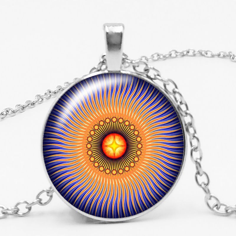 Charm Color Ethnic Wind Kaleidoscope Buddhist Yoga Mandala Glass Bullet Pendant Necklace Women's Round Pendant