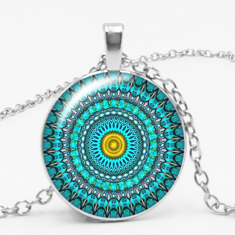 Charm Color Ethnic Wind Kaleidoscope Buddhist Yoga Mandala Glass Bullet Pendant Necklace Women's Round Pendant