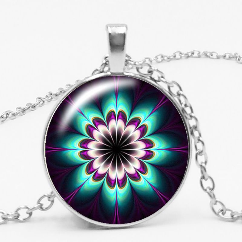 Charm Color Ethnic Wind Kaleidoscope Buddhist Yoga Mandala Glass Bullet Pendant Necklace Women's Round Pendant