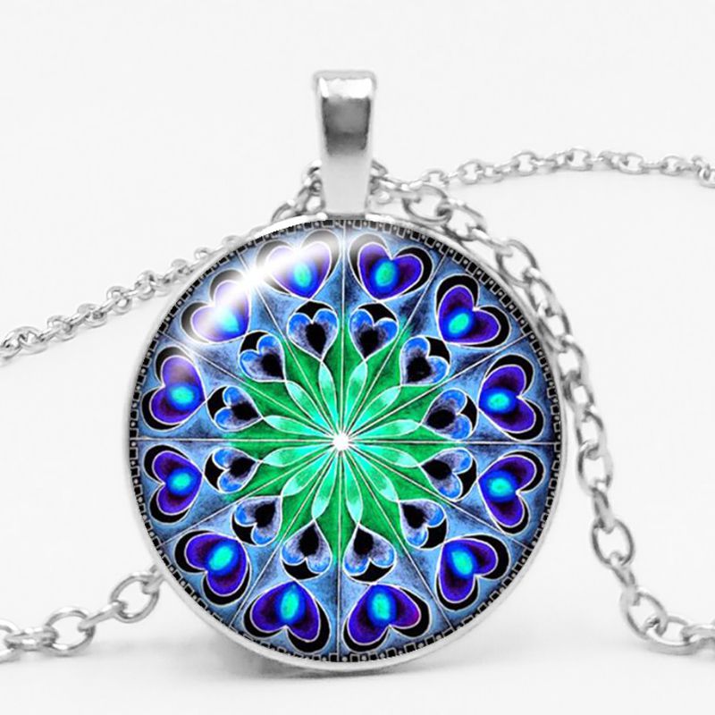 Charm Color Ethnic Wind Kaleidoscope Buddhist Yoga Mandala Glass Bullet Pendant Necklace Women's Round Pendant