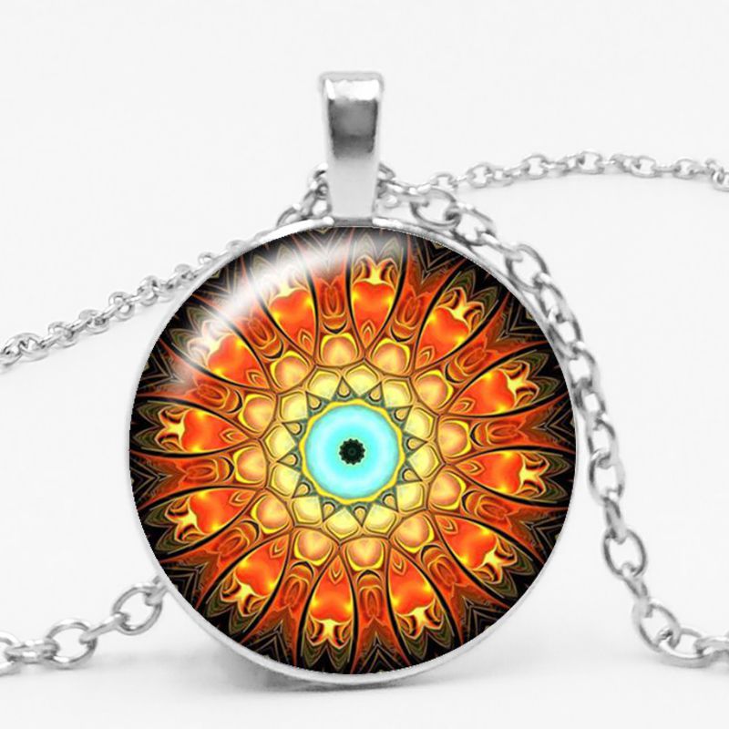 Charm Color Ethnic Wind Kaleidoscope Buddhist Yoga Mandala Glass Bullet Pendant Necklace Women's Round Pendant