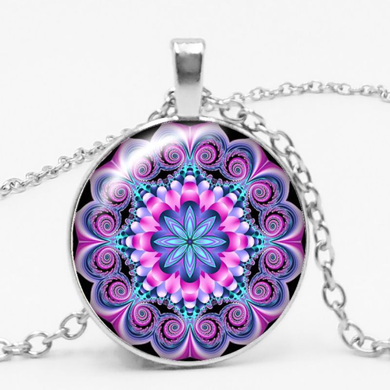 Charm Color Ethnic Wind Kaleidoscope Buddhist Yoga Mandala Glass Bullet Pendant Necklace Women's Round Pendant