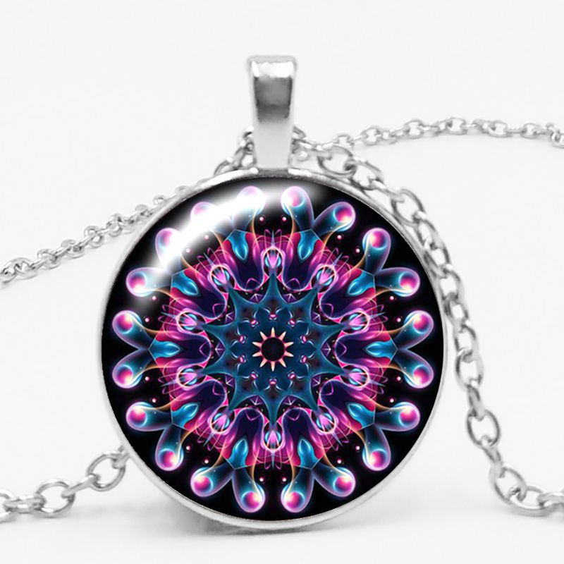 Charm Color Ethnic Wind Kaleidoscope Buddhist Yoga Mandala Glass Bullet Pendant Necklace Women's Round Pendant