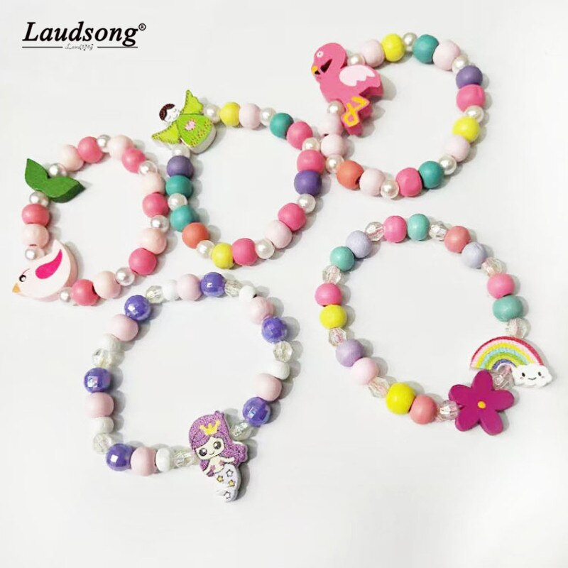 Children's Jewelry Cute Monkey/Angel/Rainbow/Bird Wooden Bead Necklace Bracelet Charm Jewelry W