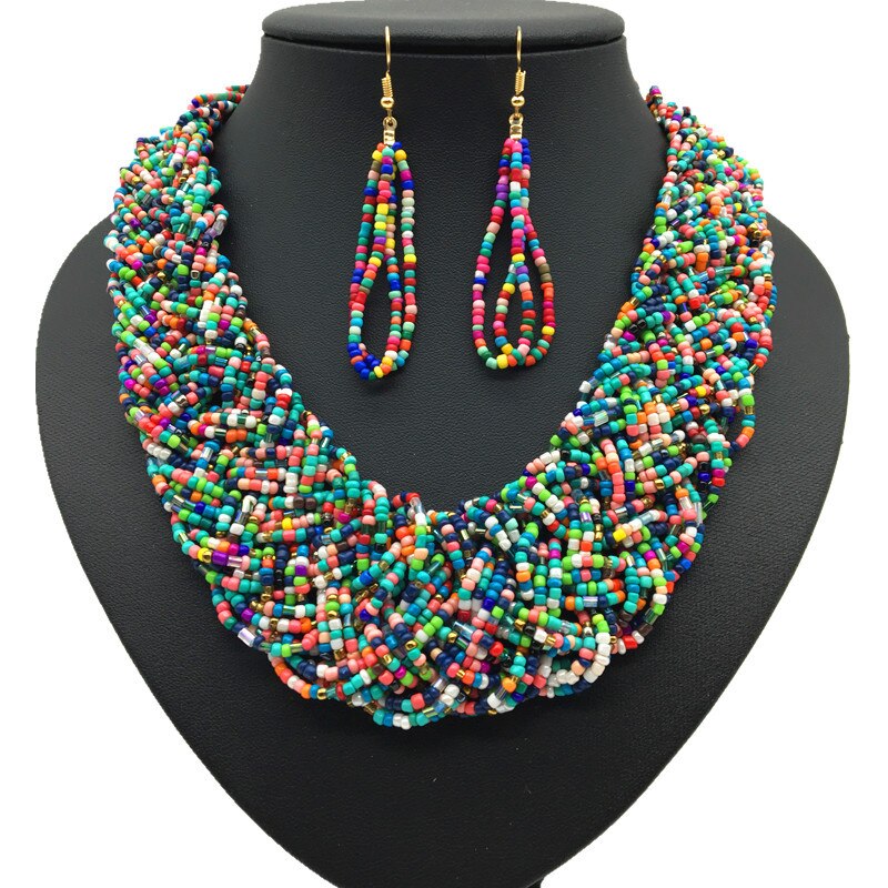 Choker For Women Jewelry Bohemian Necklaces Earring Set Handmade Woven Collier Tassel Trendy Lady Beads Statement Gifts