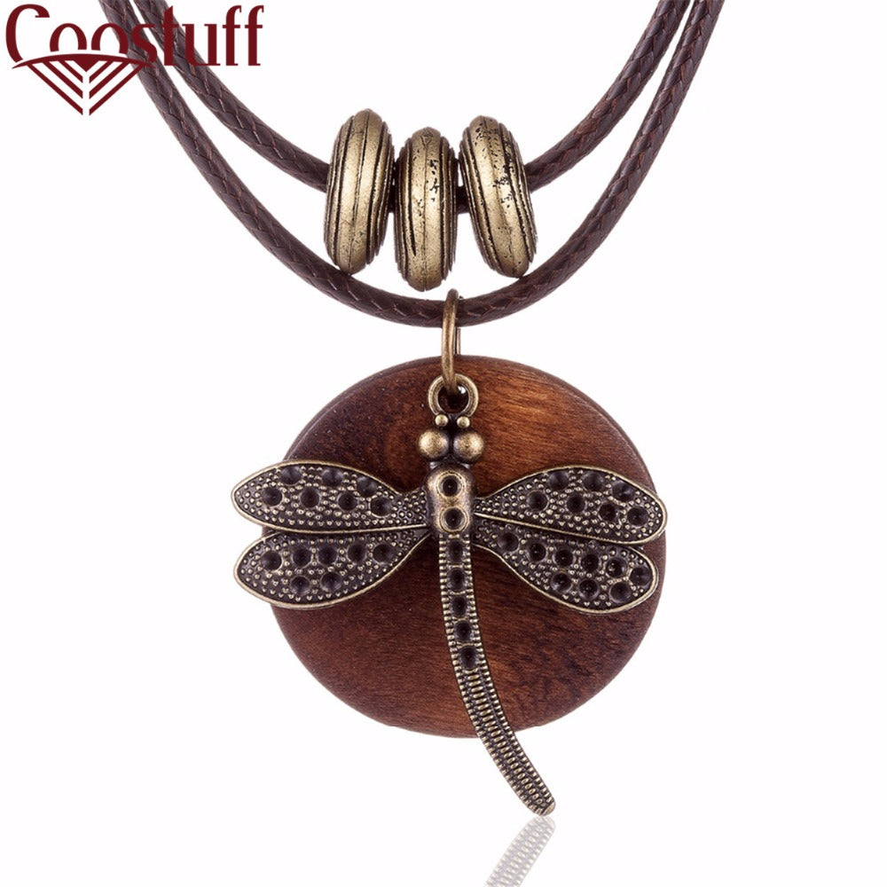 Fashion Choker Woman Necklaces vintage Jewelry Dragonfly Wooden pendant Long necklace for women collares mujer kolye