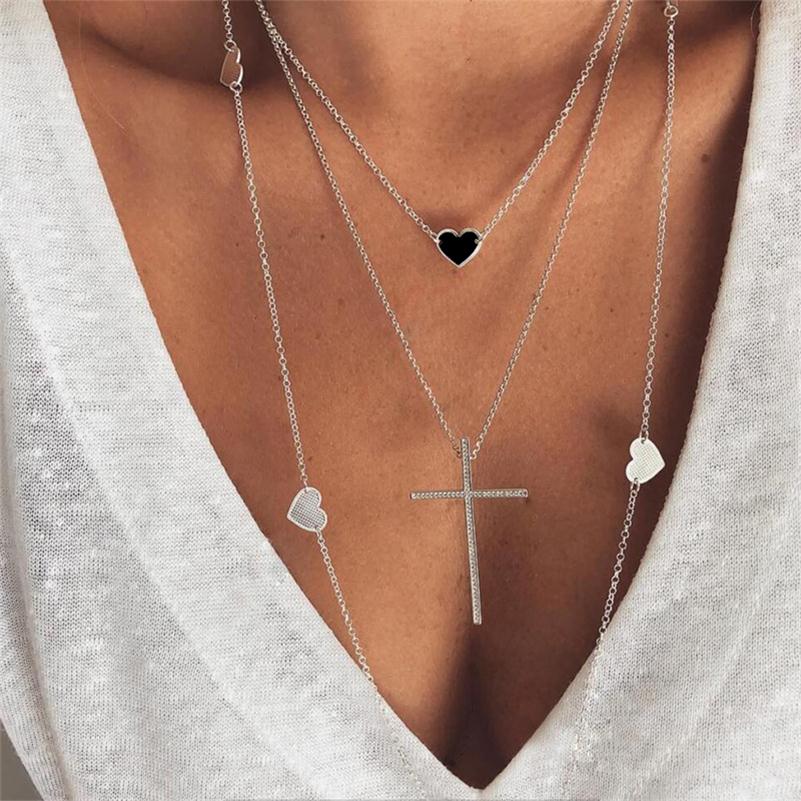 Fashion Classic Heart Love Cross Chain Pendant Silver Long Necklace Women Charm Party Wedding Jewelry Gift