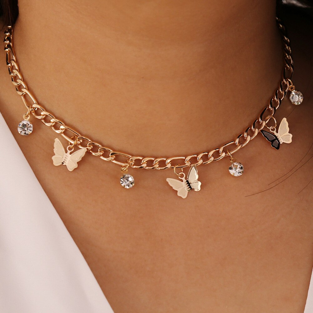 Clavicle Chain Statement Butterfly Pendant Necklaces Gold Color Figaro Choker Short Neck Chains For Women Jewelry