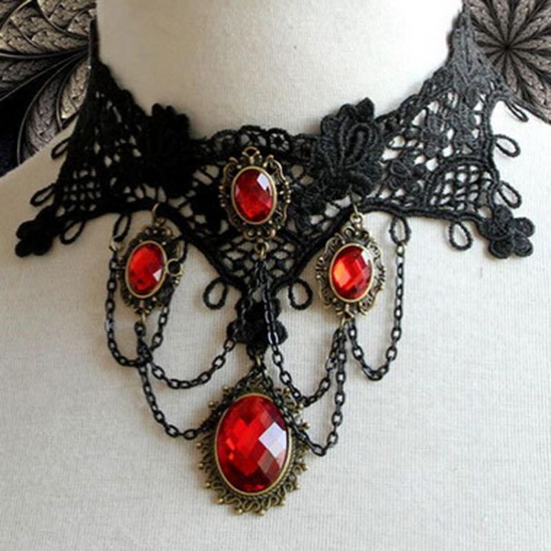 Cocktail Evening Party Dress Jewelry Victorian Gothic Halloween Red Rhinestone Charms Vampire Maxi Necklace Choker