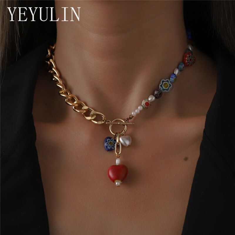 Colored Glaze Flower Beaded Choker Necklace Metal Women Pearl Necklace Clavicle Chain Necklace Jewelry Gifts