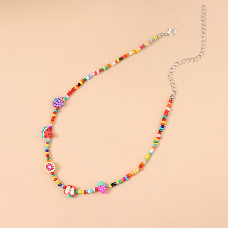 Colorful Beads Fruit Necklaces for Women Boho Handmade Beaded Cute Lemon Watermelon Choker Necklaces Girls Gift Jewelry
