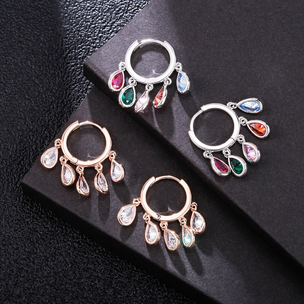 Colorful CZ Crystal Drop Earrings Gold Color Geometric Tassel Huggie Hoop Earrings Women Wedding Jewelry Brincos 2022
