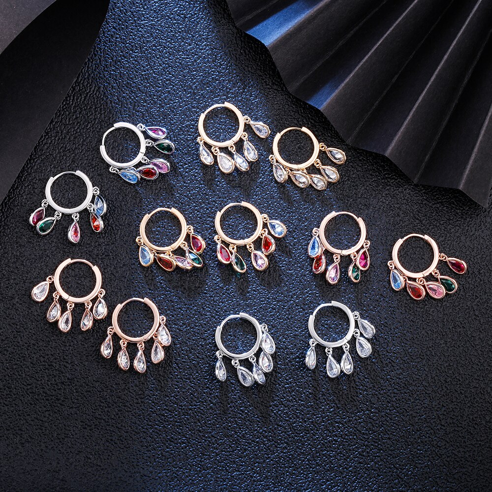 Colorful CZ Crystal Drop Earrings Gold Color Geometric Tassel Huggie Hoop Earrings Women Wedding Jewelry Brincos 2022