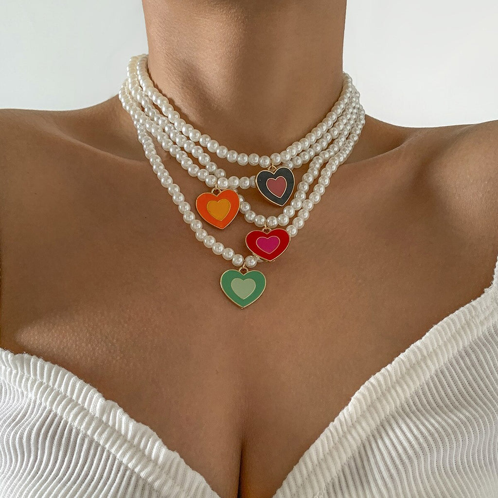 Colorful Love Heart Pearl Necklace For Women Friends Couples Rainbow Heart Chain Choker Necklaces Lovers Jewelry