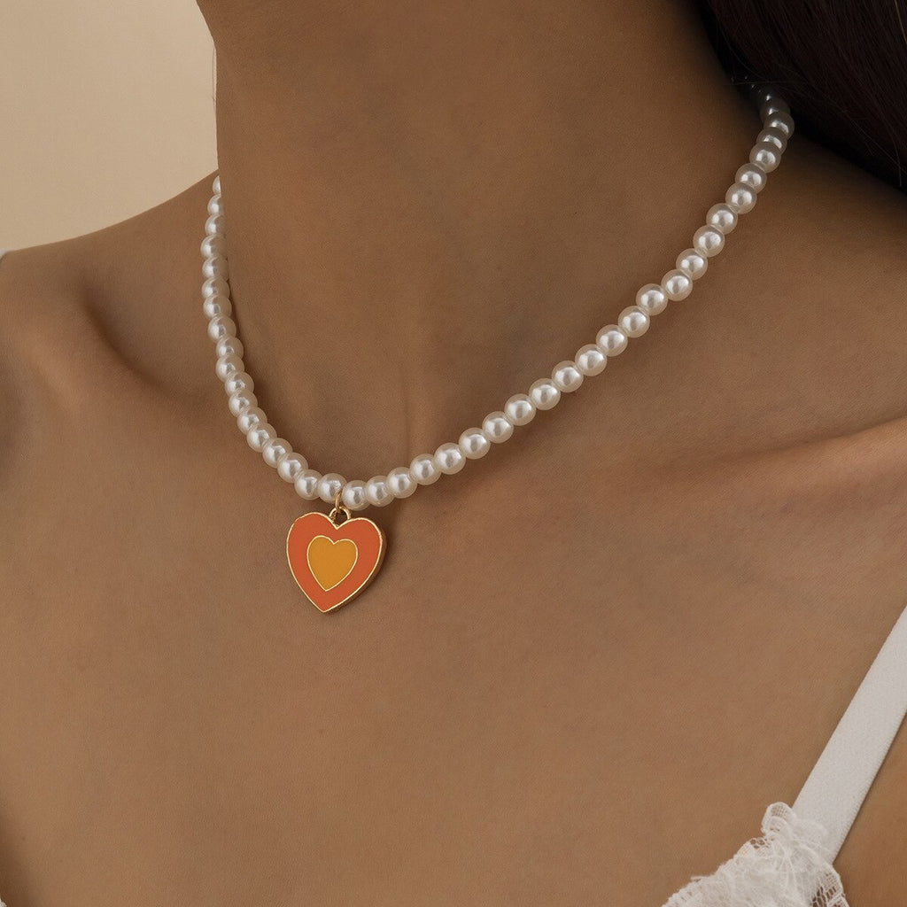Colorful Love Heart Pearl Necklace For Women Friends Couples Rainbow Heart Chain Choker Necklaces Lovers Jewelry