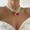 Colorful Love Heart Pearl Necklace For Women Friends Couples Rainbow Heart Chain Choker Necklaces Lovers Jewelry