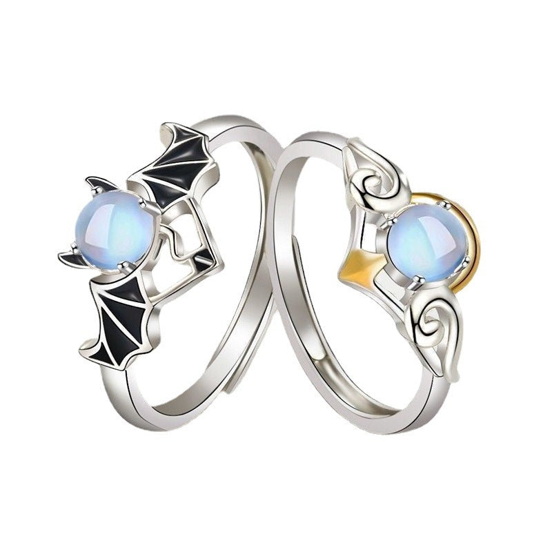 Couple S925 Silver-plated Epoxy Moonstone Angel Little Devil Personality Adjustable Rings J321