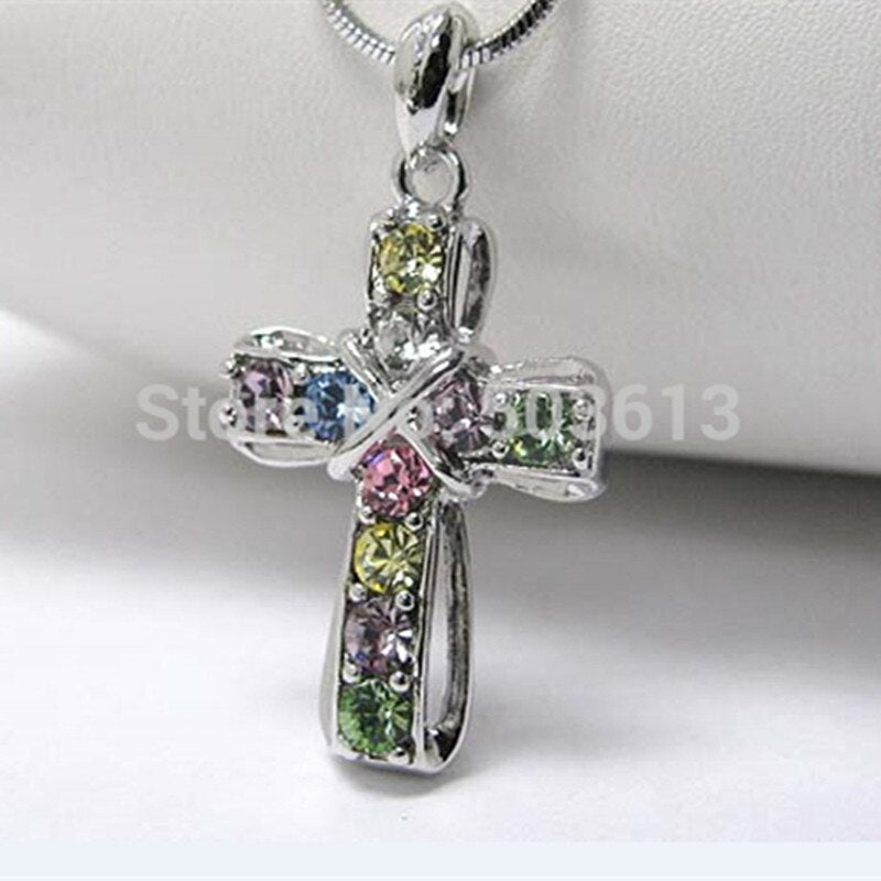 Cross Necklace Multi Color Crystal Rhinestone Pendant Necklace with 45cm Snake Chain one piece  xy121
