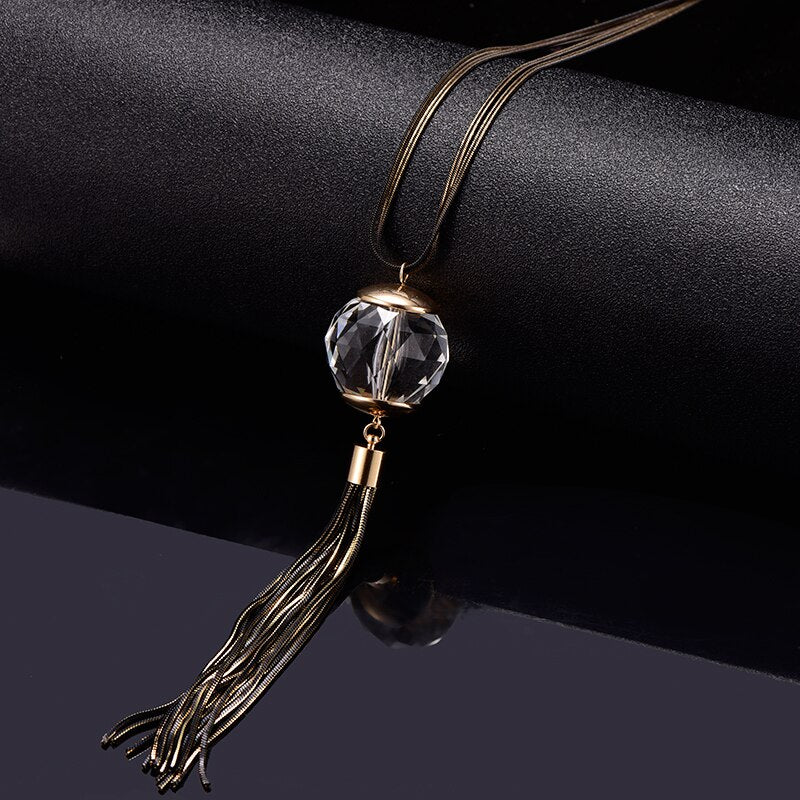 Crystal Bead Sweater Charm Chain Necklace Gold Color Tassel Design Pendant Long Sweater For Women Necklace Jewelry 2022