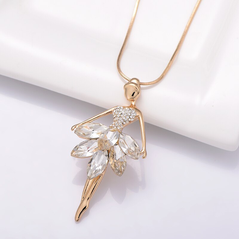 Crystal Dancing Fairy Pendant Necklace for Woman Girls Big Rhinestone Long Chain Sweater Necklaces Jewelry Accessories