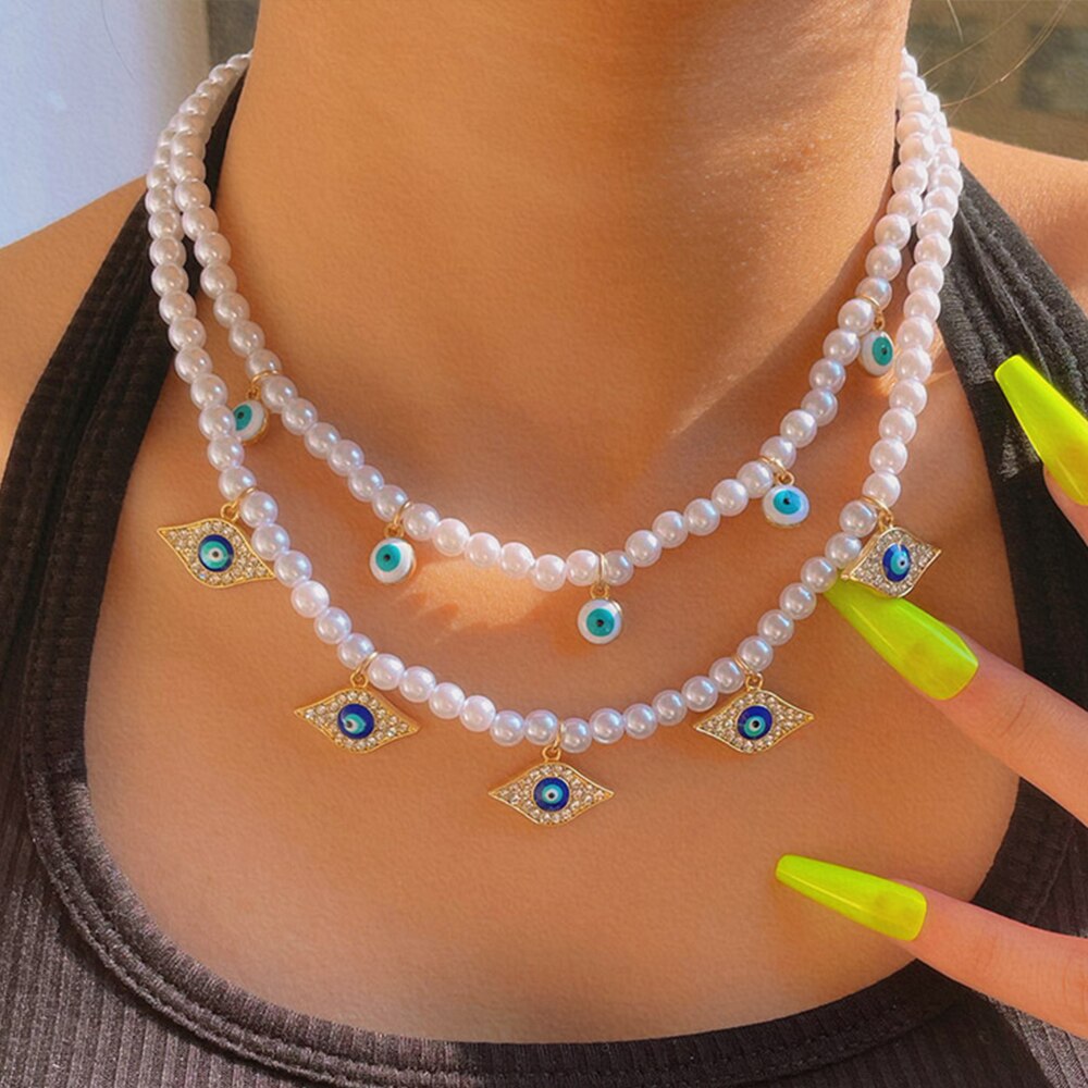 Crystal Evil Eye Pearl Beaded Necklace For Women Geometric Pendant Choker Necklace Boho Jewelry 2022 Trend