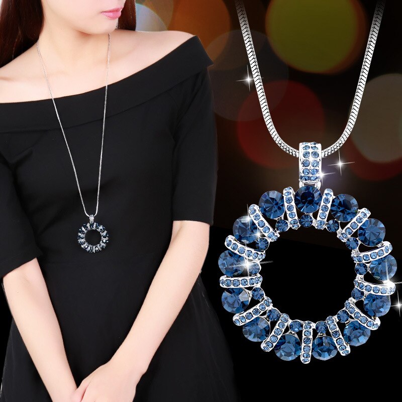 Crystal Round Circle Pendant Long Necklace For Women 2022 Trendy Jewelry Sweater Necklaces