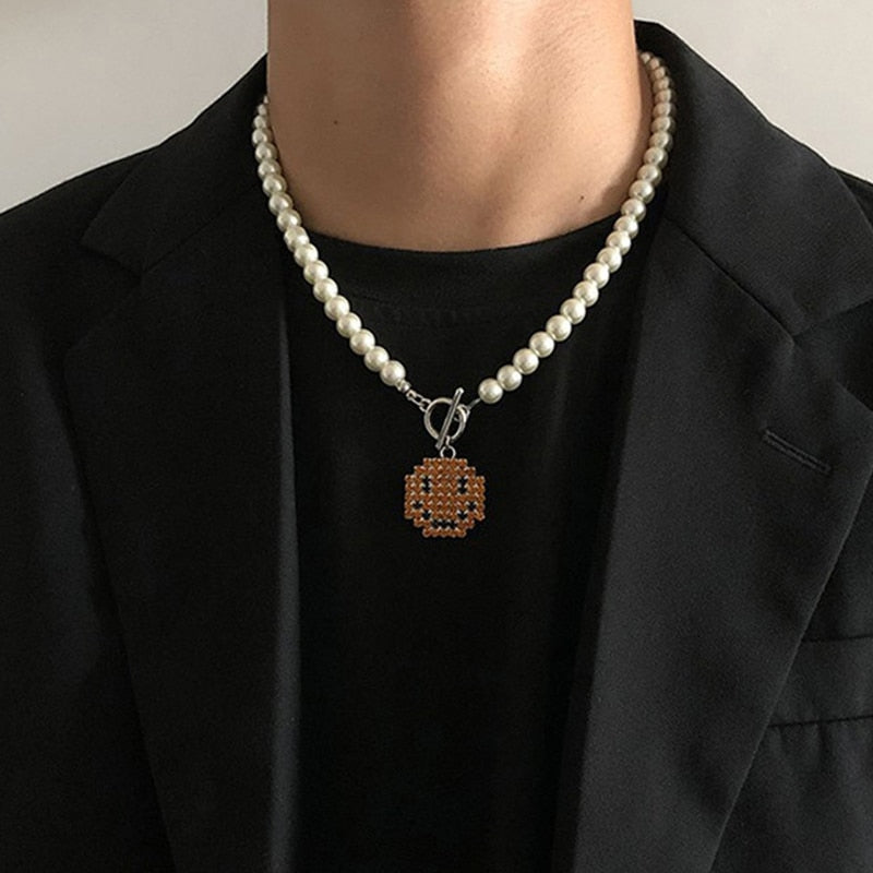 Crystal Smile Face Pendant Pearl Choker Necklace Women Men Neck Chains Pearl Beaded Collar Trendy Clavicle Chain Gift