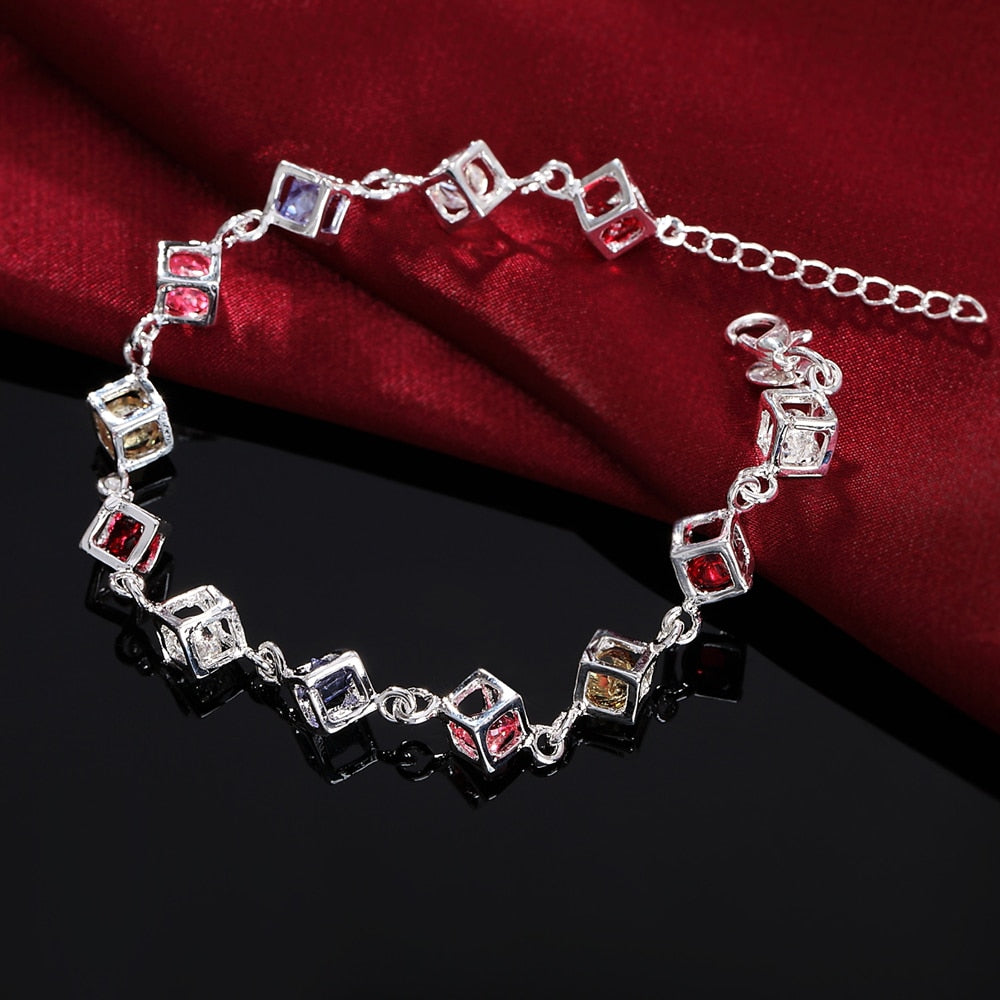 Cube Chain Bracelet For Women 925 Stamp Silver Color Zircon Lucky Charm Bracelet Vintage Crystal Party Jewelry Christmas