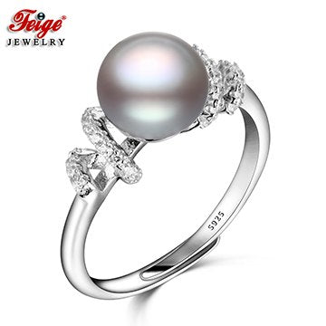 Fashion Cubic Zirconia Pearl Ring for Female Party Rings 8-9MM Gr Pearl Real 925 Sterling Silver Fine Jewelry FEIGE