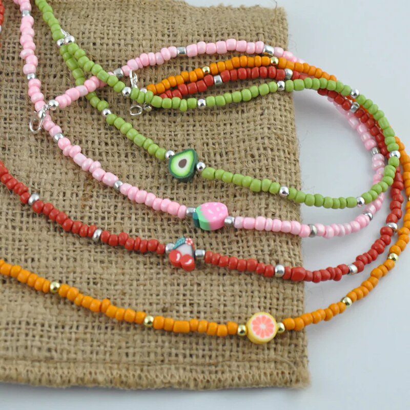 Cute Resin Fruit Pendant Necklace Boho Beaded Choker Korean Sweet Style Avocado Lemon Strawberry Cherry Colar Feminino