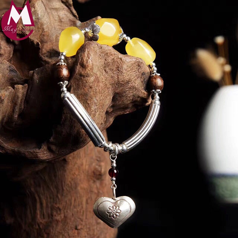 Fashion DIY Amber Beeswax Charm Bracelet For Women 100% 925 Sterling Silver Bracelets Bangles Punk Fine Heart Wood Beads SB35