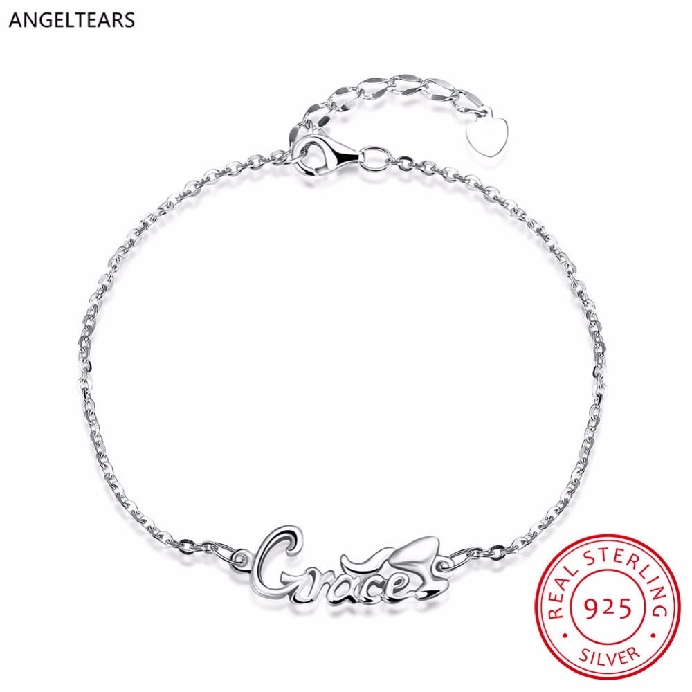 Fashion Design 925 Sterling silver letter Chain Bracelet & Bangles Woman Girl Fine Party Gift Jewelry drop shipping pulseira