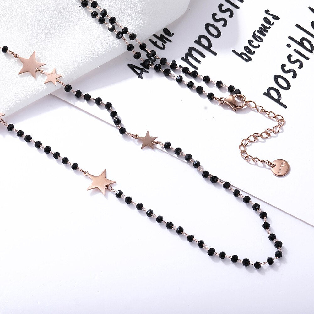 Double Layer Black Crystal Beads Necklace For Women Stainless Steel Star Choker Necklace Women's Jewelry femme Bijoux