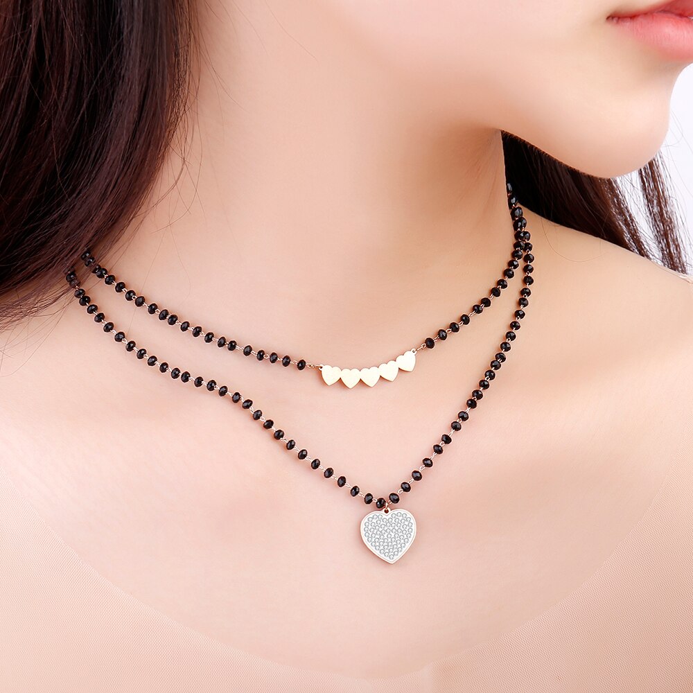 Double Layer Crystal Heart Charms Choker Necklace for Woman Seaside Beaded Bijoux Necklace Jewelry Gifts