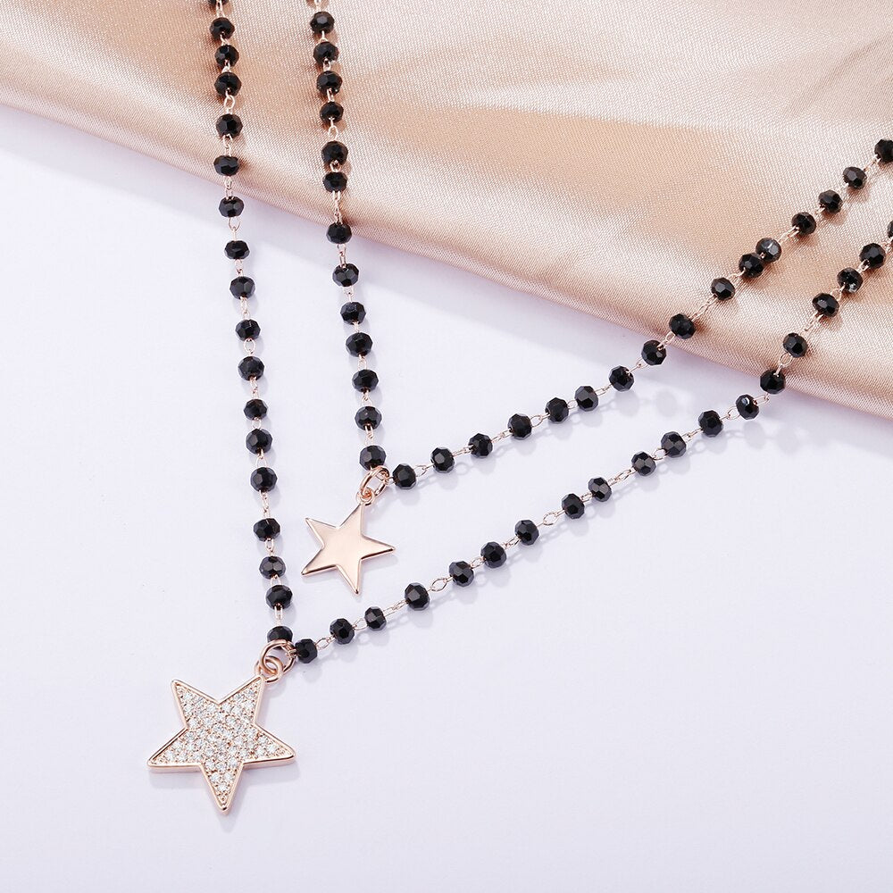 Double Layer Zirconia Star Pendant Necklace for Woman Summer Sexy Delicate Clavicle Golden Chain Necklace Girls Jewelry